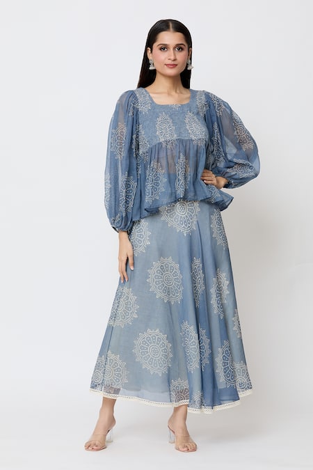 Buy_EK Katha_Blue Kota Doria Embroidery Square Neck Flower Batik Print Long Top With Skirt_Online_at_Aza_Fashions
