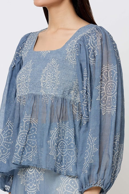 Shop_EK Katha_Blue Kota Doria Embroidery Square Neck Flower Batik Print Long Top With Skirt_Online_at_Aza_Fashions