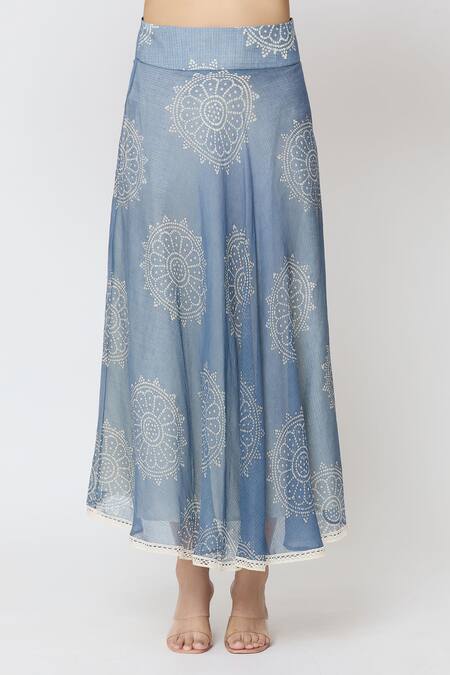 EK Katha_Blue Kota Doria Embroidery Square Neck Flower Batik Print Long Top With Skirt_at_Aza_Fashions