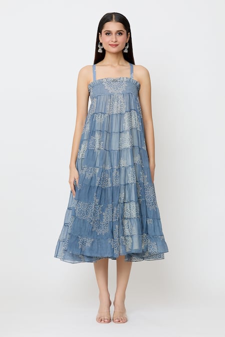 EK Katha_Blue Kota Doria Embroidery Square Neck Flower Batik Print Dress_Online_at_Aza_Fashions