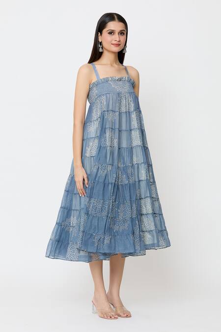 Buy_EK Katha_Blue Kota Doria Embroidery Square Neck Flower Batik Print Dress_Online_at_Aza_Fashions