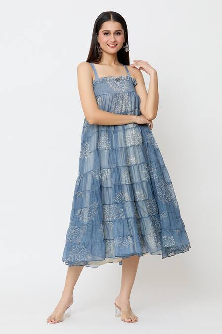 Shop_EK Katha_Blue Kota Doria Embroidery Square Neck Flower Batik Print Dress_Online_at_Aza_Fashions