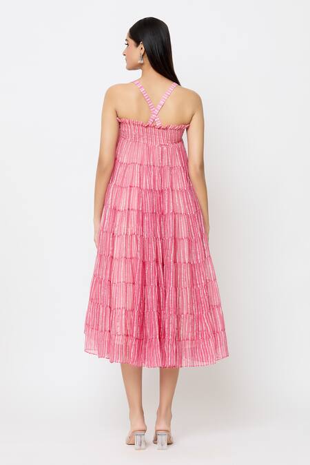 Shop EK Katha Pink Kota Doria Square Neck Batik Block Print Smocked Tube Dress at Aza Fashions Shop_EK Katha_Pink Kota Doria Square Neck Batik Block Print Smocked Tube Dress_at_Aza_Fashions