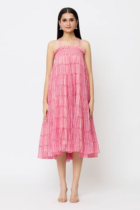 EK Katha Pink Kota Doria Square Neck Batik Block Print Smocked Tube Dress Online at Aza Fashions EK Katha_Pink Kota Doria Square Neck Batik Block Print Smocked Tube Dress_Online_at_Aza_Fashions