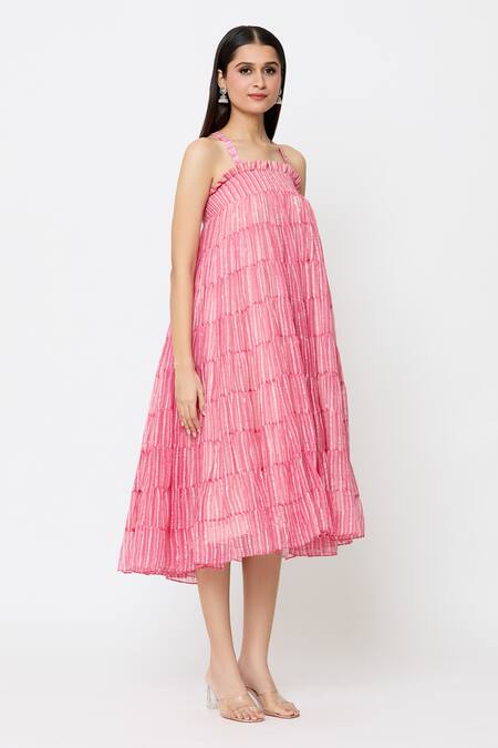 Buy EK Katha Pink Kota Doria Square Neck Batik Block Print Smocked Tube Dress Online at Aza Fashions Buy_EK Katha_Pink Kota Doria Square Neck Batik Block Print Smocked Tube Dress_Online_at_Aza_Fashions