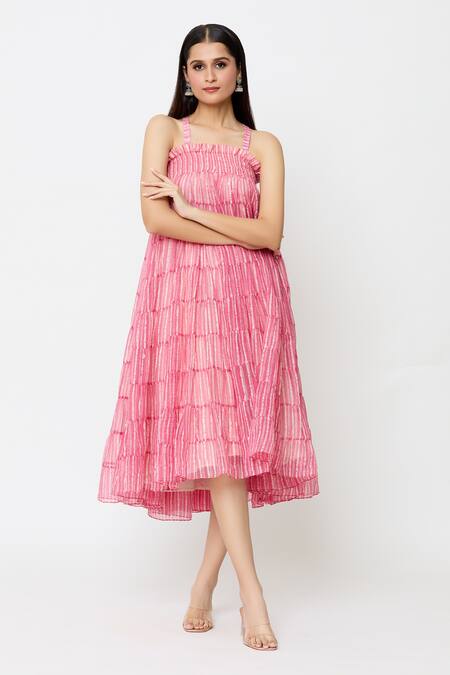 Shop EK Katha Pink Kota Doria Square Neck Batik Block Print Smocked Tube Dress Online at Aza Fashions Shop_EK Katha_Pink Kota Doria Square Neck Batik Block Print Smocked Tube Dress_Online_at_Aza_Fashions
