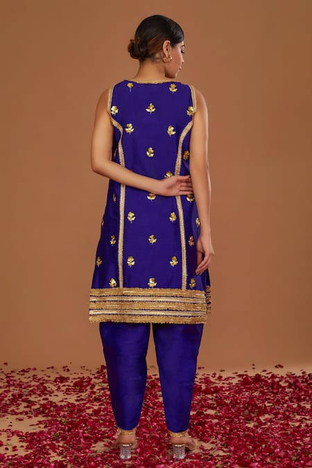 Shop Preeti S Kapoor Blue Silk, Cotton, Organza Gota Patti Split V-neck Embroidered Kurta Pant Set at Aza Fashions Shop_Preeti S Kapoor_Blue Silk, Cotton, Organza Gota Patti Split V-neck Embroidered Kurta Pant Set _at_Aza_Fashions