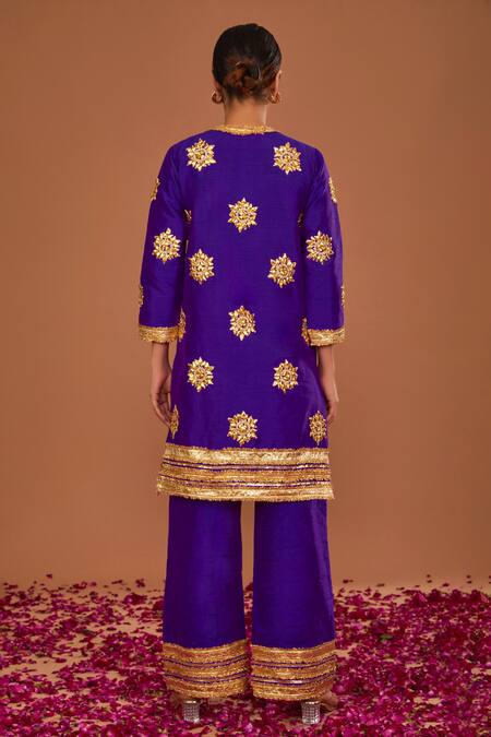 Shop Preeti S Kapoor Purple Silk, Organza Embroidery, Gota Patti Collared Short Kurta Pant Set at Aza Fashions Shop_Preeti S Kapoor_Purple Silk, Organza Embroidery, Gota Patti Collared Short Kurta Pant Set _at_Aza_Fashions