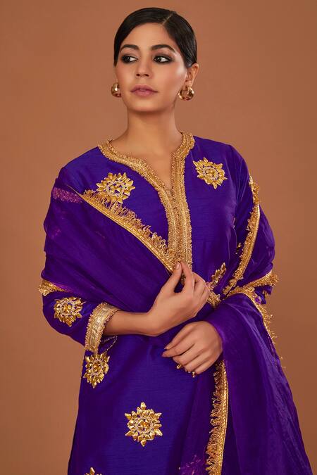 Preeti S Kapoor Purple Silk, Organza Embroidery, Gota Patti Collared Short Kurta Pant Set Online at Aza Fashions Preeti S Kapoor_Purple Silk, Organza Embroidery, Gota Patti Collared Short Kurta Pant Set _Online_at_Aza_Fashions