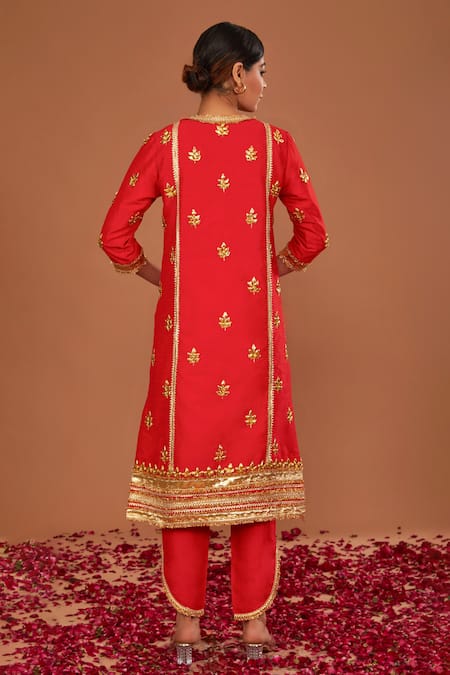 Shop Preeti S Kapoor Red Silk, Organza Gota Patti Round Neck Embroidered Long Kurta Pant Set at Aza Fashions Shop_Preeti S Kapoor_Red Silk, Organza Gota Patti Round Neck Embroidered Long Kurta Pant Set _at_Aza_Fashions
