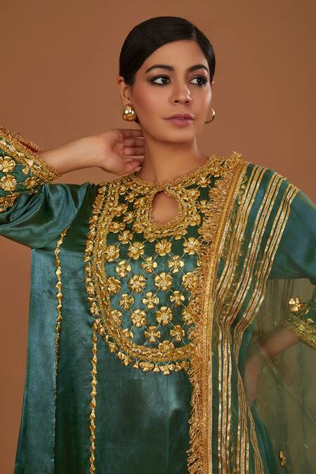 Preeti S Kapoor Green Silk, Organza Gota Patti, Pearls, Hand Embroidered Anarkali Salwar Set Online at Aza Fashions Preeti S Kapoor_Green Silk, Organza Gota Patti, Pearls, Hand Embroidered Anarkali Salwar Set _Online_at_Aza_Fashions