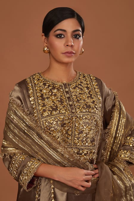 Preeti S Kapoor_Brown Silk, Organza Gota Patti, Sequins, Pearls Embroidered Anarkali Salwar Set _Online_at_Aza_Fashions
