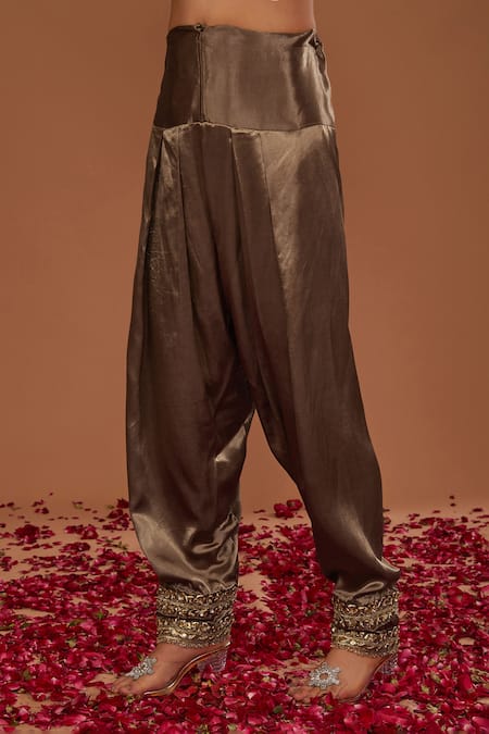 Buy_Preeti S Kapoor_Brown Silk, Organza Gota Patti, Sequins, Pearls Embroidered Anarkali Salwar Set _Online_at_Aza_Fashions