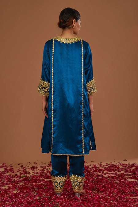 Shop Preeti S Kapoor Blue Silk, Organza Gota Patti, Pearls, Hand Embroidered Anarkali Salwar Set at Aza Fashions Shop_Preeti S Kapoor_Blue Silk, Organza Gota Patti, Pearls, Hand Embroidered Anarkali Salwar Set _at_Aza_Fashions