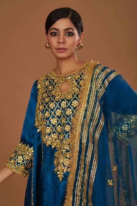 Preeti S Kapoor Blue Silk, Organza Gota Patti, Pearls, Hand Embroidered Anarkali Salwar Set Online at Aza Fashions Preeti S Kapoor_Blue Silk, Organza Gota Patti, Pearls, Hand Embroidered Anarkali Salwar Set _Online_at_Aza_Fashions