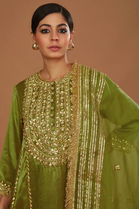 Preeti S Kapoor_Green Silk, Organza Embroidery, Gota Patti, Sequins, Pearls Anarkali Salwar Set _Online_at_Aza_Fashions