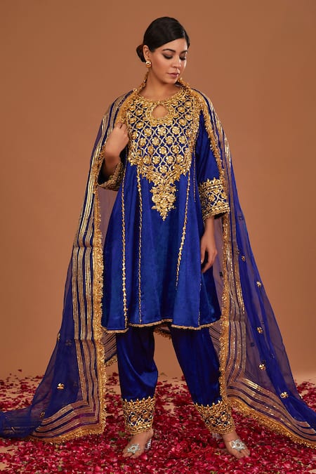 Preeti S Kapoor Blue Kurta And Salwar Silk Hand Embroidered Gota Round Pearls Anarkali Set