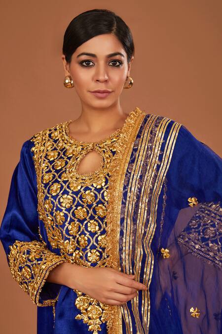 Preeti S Kapoor Blue Silk, Organza Gota Patti, Pearls, Sequins Embroidered Anarkali Salwar Set Online at Aza Fashions Preeti S Kapoor_Blue Silk, Organza Gota Patti, Pearls, Sequins Embroidered Anarkali Salwar Set _Online_at_Aza_Fashions