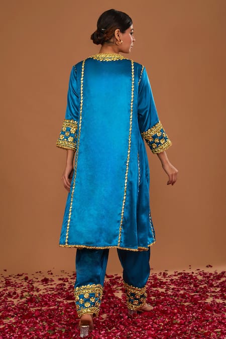Shop Preeti S Kapoor Blue Silk, Organza Gota Patti, Pearls, Hand Embroidered Anarkali Salwar Set at Aza Fashions Shop_Preeti S Kapoor_Blue Silk, Organza Gota Patti, Pearls, Hand Embroidered Anarkali Salwar Set _at_Aza_Fashions