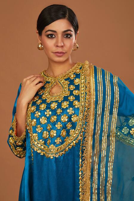 Preeti S Kapoor Blue Silk, Organza Gota Patti, Pearls, Hand Embroidered Anarkali Salwar Set Online at Aza Fashions Preeti S Kapoor_Blue Silk, Organza Gota Patti, Pearls, Hand Embroidered Anarkali Salwar Set _Online_at_Aza_Fashions