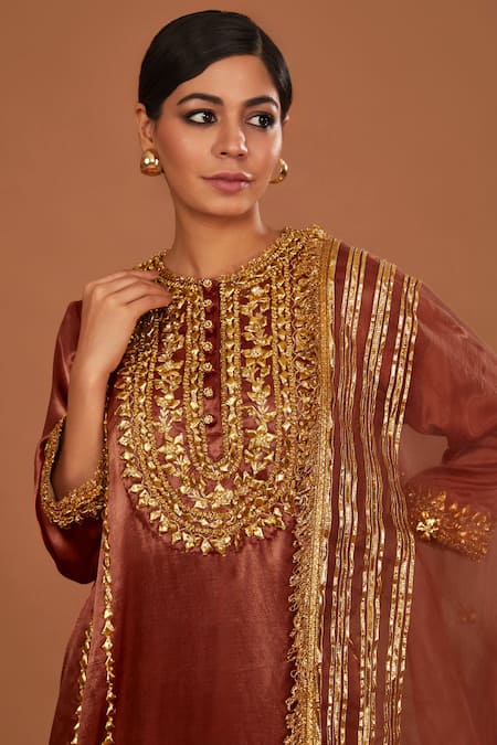 Preeti S Kapoor_Brown Silk, Organza Gota Patti, Pearls, Sequins Embroidered Anarkali Salwar Set _Online_at_Aza_Fashions