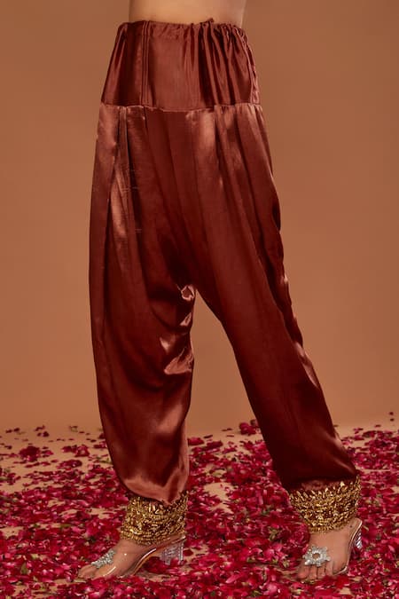 Buy_Preeti S Kapoor_Brown Silk, Organza Gota Patti, Pearls, Sequins Embroidered Anarkali Salwar Set _Online_at_Aza_Fashions