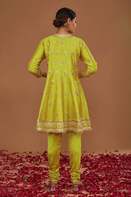 Shop Preeti S Kapoor Yellow Organza, Denim, Silk Gota Patti Embroidered Short Anarkali Churidar Set at Aza Fashions Shop_Preeti S Kapoor_Yellow Organza, Denim, Silk Gota Patti Embroidered Short Anarkali Churidar Set _at_Aza_Fashions