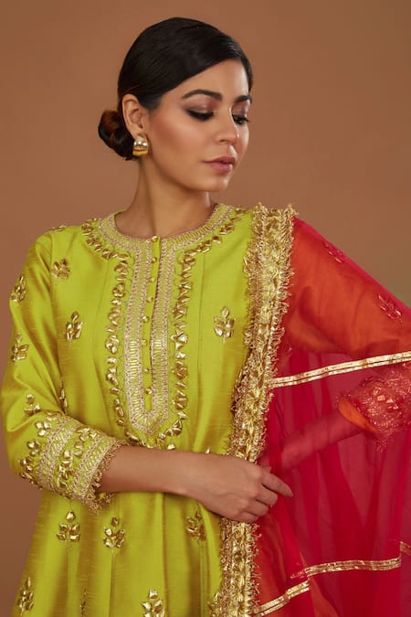 Preeti S Kapoor Yellow Organza, Denim, Silk Gota Patti Embroidered Short Anarkali Churidar Set Online at Aza Fashions Preeti S Kapoor_Yellow Organza, Denim, Silk Gota Patti Embroidered Short Anarkali Churidar Set _Online_at_Aza_Fashions