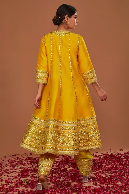 Shop Preeti S Kapoor Yellow Organza, Denim Gota Patti Round Neck Embroidered Anarkali Salwar Set at Aza Fashions Shop_Preeti S Kapoor_Yellow Organza, Denim Gota Patti Round Neck Embroidered Anarkali Salwar Set _at_Aza_Fashions