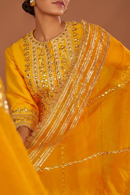 Preeti S Kapoor Yellow Organza, Denim Gota Patti Round Neck Embroidered Anarkali Salwar Set Online at Aza Fashions Preeti S Kapoor_Yellow Organza, Denim Gota Patti Round Neck Embroidered Anarkali Salwar Set _Online_at_Aza_Fashions