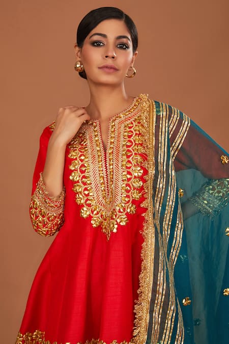 Preeti S Kapoor Red Denim, Organza Embroidery, Gota Patti Split V-neck Short Anarkali Salwar Set Online at Aza Fashions Preeti S Kapoor_Red Denim, Organza Embroidery, Gota Patti Split V-neck Short Anarkali Salwar Set _Online_at_Aza_Fashions
