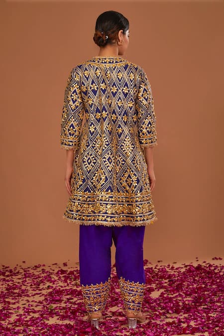 Shop Preeti S Kapoor Blue Organza, Denim, Silk Gota Patti Round Embroidered Short Anarkali Salwar Set at Aza Fashions Shop_Preeti S Kapoor_Blue Organza, Denim, Silk Gota Patti Round Embroidered Short Anarkali Salwar Set _at_Aza_Fashions