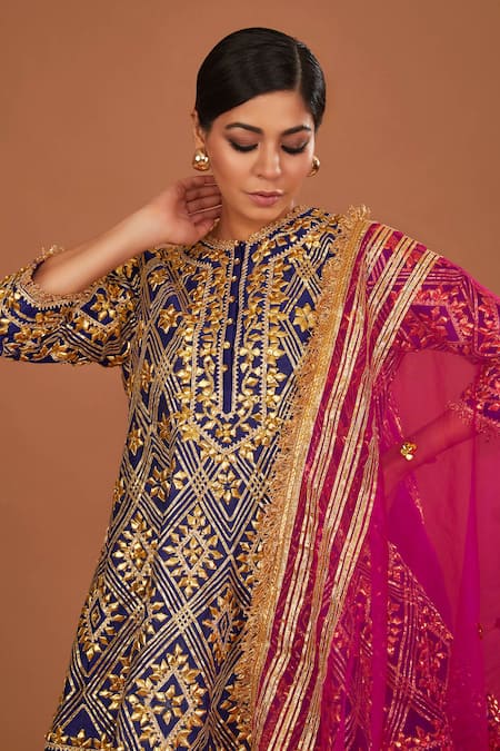 Preeti S Kapoor Blue Organza, Denim, Silk Gota Patti Round Embroidered Short Anarkali Salwar Set Online at Aza Fashions Preeti S Kapoor_Blue Organza, Denim, Silk Gota Patti Round Embroidered Short Anarkali Salwar Set _Online_at_Aza_Fashions