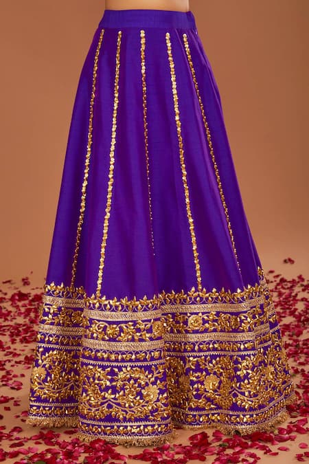 Buy_Preeti S Kapoor_Purple Silk, Organza Embroidery Round Neck Short Kurta Lehenga Set _Online_at_Aza_Fashions