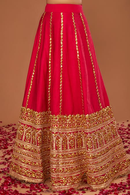 Buy_Preeti S Kapoor_Fuchsia Organza Gota Patti, Embroidery Round Neck Kurta Lehenga Set _Online_at_Aza_Fashions