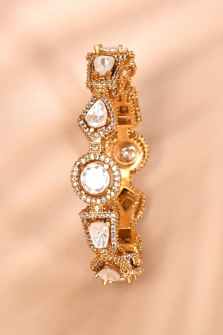 Shop_Preeti Mohan_Gold Plated Stones Embellished Geometric Bangle _at_Aza_Fashions