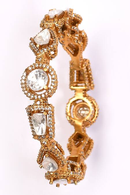 Preeti Mohan_Gold Plated Stones Embellished Geometric Bangle _Online_at_Aza_Fashions