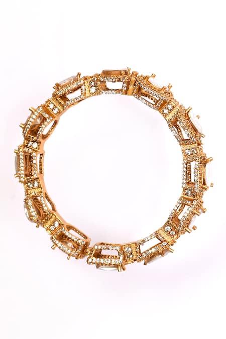 Shop_Preeti Mohan_Gold Plated Stones Embellished Geometric Bangle _Online_at_Aza_Fashions