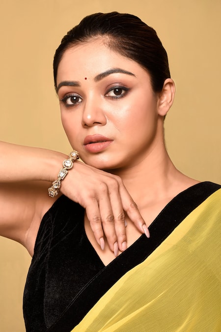 Preeti Mohan_Gold Plated Stones Embellished Geometric Bangle _at_Aza_Fashions