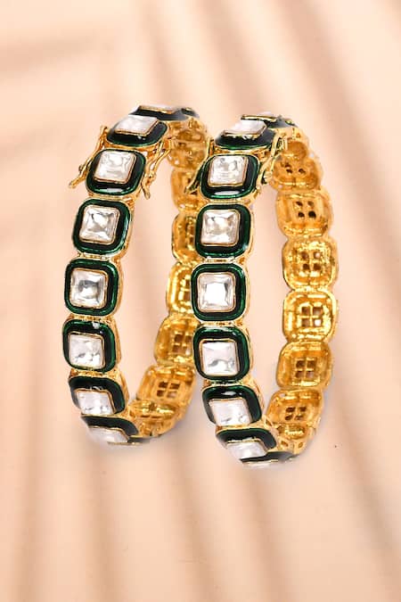 Shop Preeti Mohan Green Stones Studded Bangles- Set Of 2 at Aza Fashions Shop_Preeti Mohan_Green Stones Studded Bangles- Set Of 2 _at_Aza_Fashions