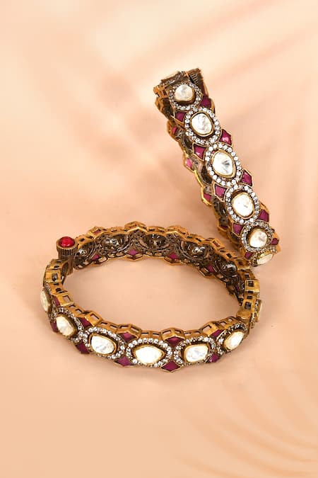 Shop_Preeti Mohan_Red Stones, Rhinestones Ruby Embellished Bangles- Set Of 2 _at_Aza_Fashions