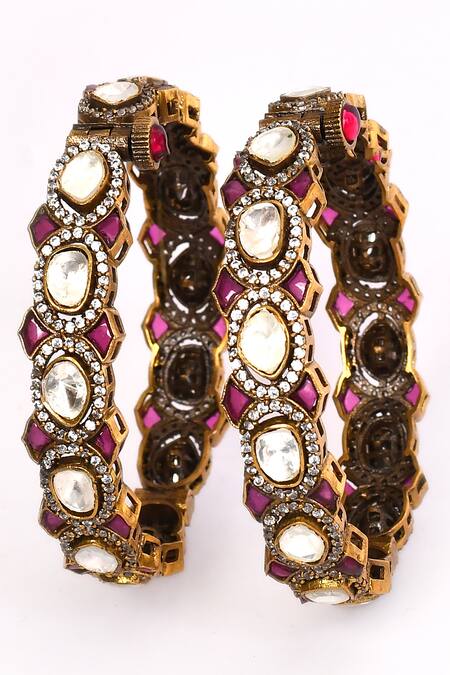 Preeti Mohan_Red Stones, Rhinestones Ruby Embellished Bangles- Set Of 2 _Online_at_Aza_Fashions