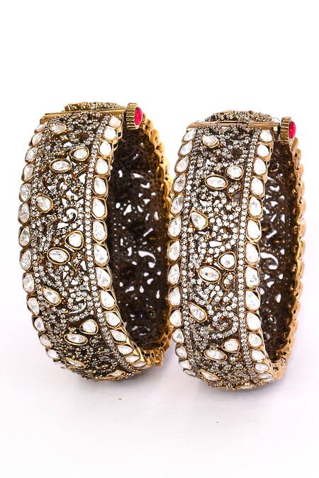 Preeti Mohan_Gold Plated Stones Studded Antique Bangles- Set Of 2 _Online_at_Aza_Fashions