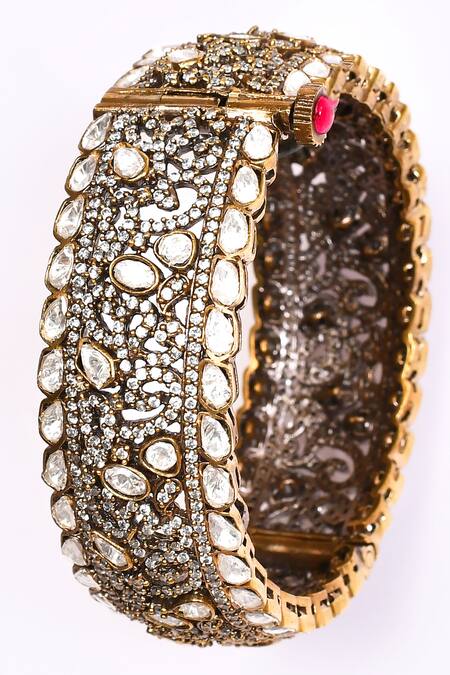 Buy_Preeti Mohan_Gold Plated Stones Studded Antique Bangles- Set Of 2 _Online_at_Aza_Fashions