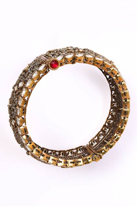 Shop_Preeti Mohan_Gold Plated Stones Studded Antique Bangles- Set Of 2 _Online_at_Aza_Fashions