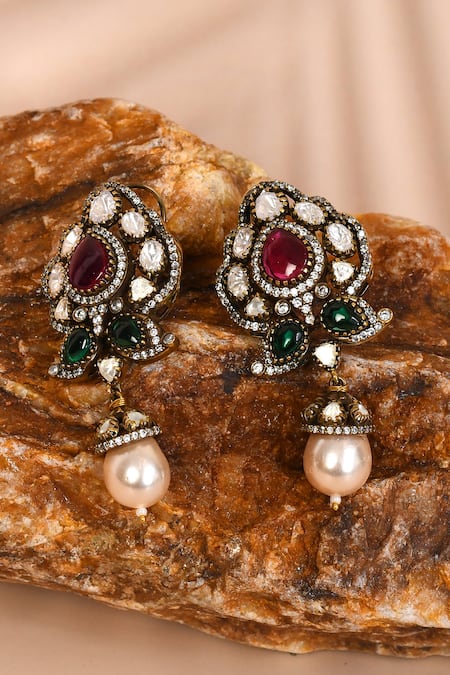 Shop_Preeti Mohan_Multi Color Pearls, Stones Studded Drop Earrings _at_Aza_Fashions