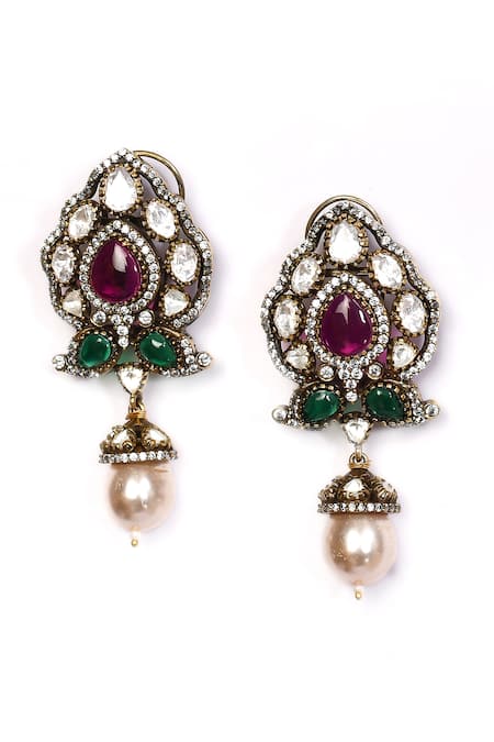 Buy_Preeti Mohan_Multi Color Pearls, Stones Studded Drop Earrings _Online_at_Aza_Fashions