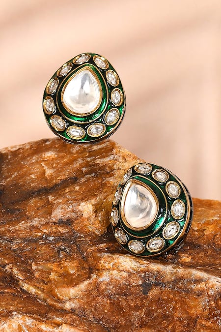 Shop_Preeti Mohan_Green Stones, Embroidery Studded Drop Earrings _at_Aza_Fashions