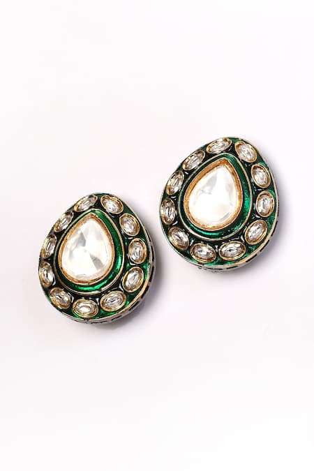 Preeti Mohan_Green Stones, Embroidery Studded Drop Earrings _Online_at_Aza_Fashions