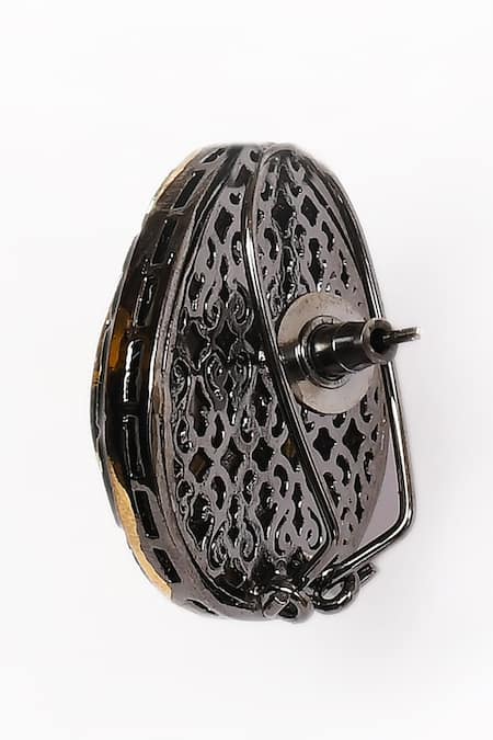 Shop_Preeti Mohan_Green Stones, Embroidery Studded Drop Earrings _Online_at_Aza_Fashions